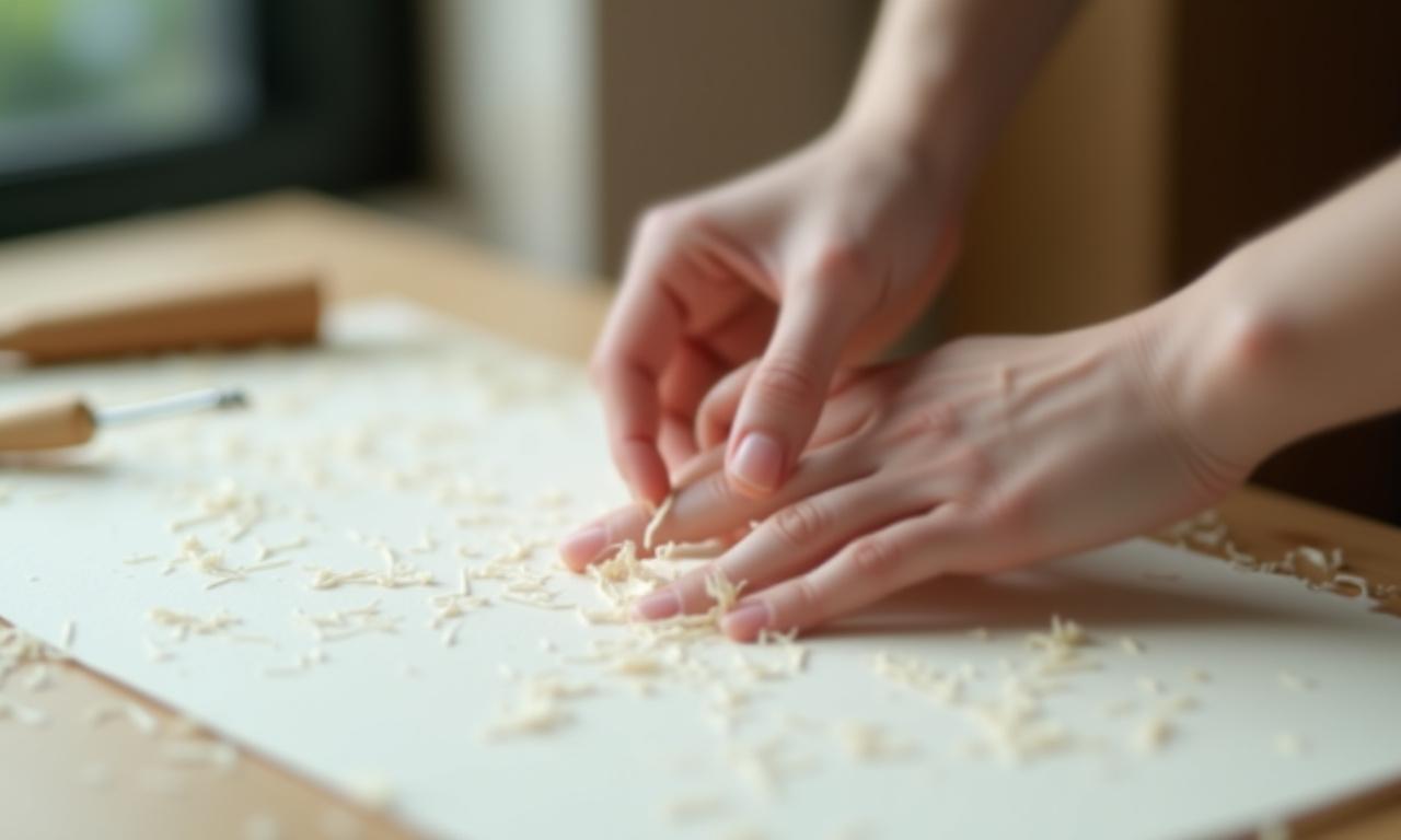 Mains façonnant délicatement du papier artisanal avec des textures inspirées par l'eau.